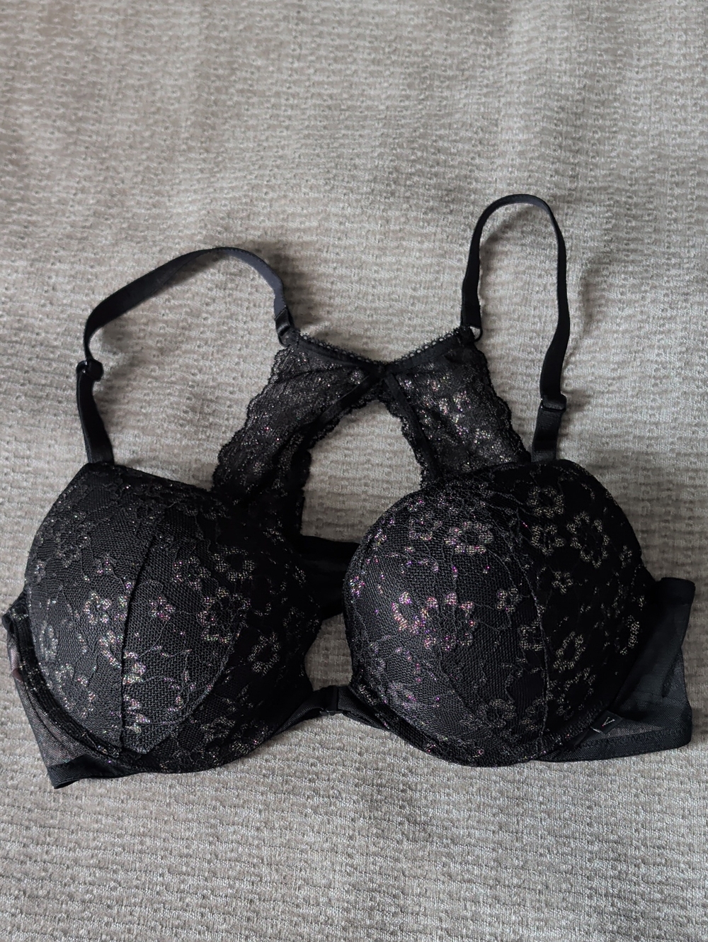 Victoria's Secret Black Lace Push-Up Bra with Pink Floral Accents